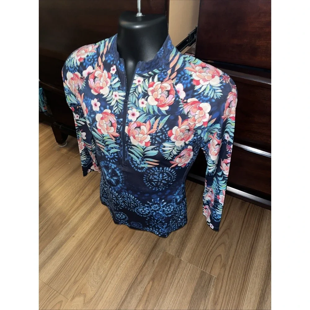 Johnny Was California Womens Large Rash Guard Print 1/2 Zip Up Swim Top Surf Sun